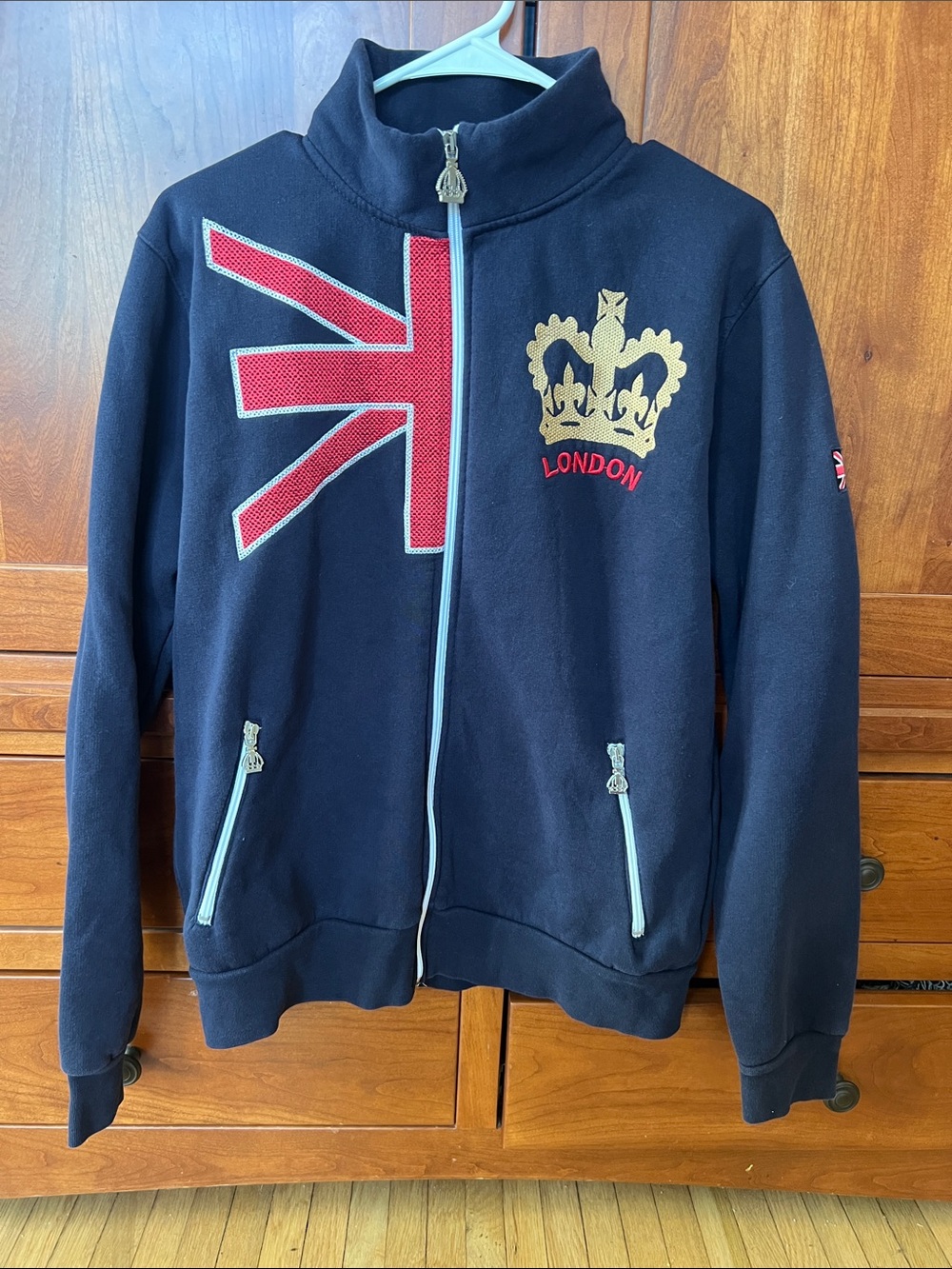 London Union G Crown by Nos | Navy Embroidered UK Flag Zip Sweatshirt | Size M